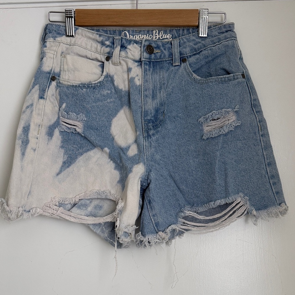 Organic Blue Distressed Denim Shorts - Blue and White